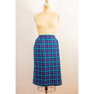 Vintage 80s Tartan Plaid Pendleton Pencil Wiggle Skirt, Purple Teal Black, Sz 16